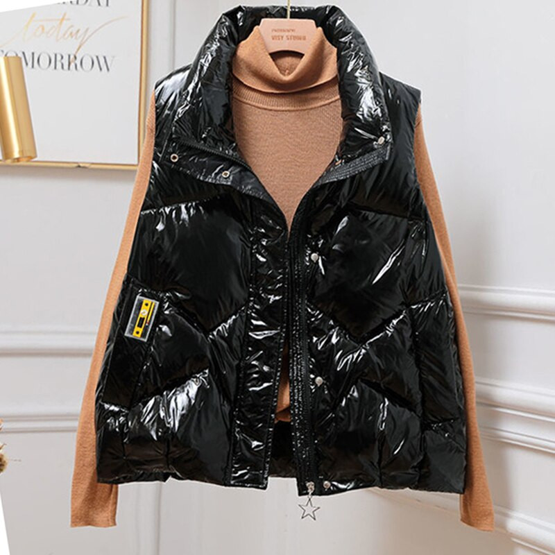 Sjajni vodootporni donji prsluk zadebljan proljeće zima Nova ženska pufer donja jakna Ženski stojeći ovratnik Lagani prsluk