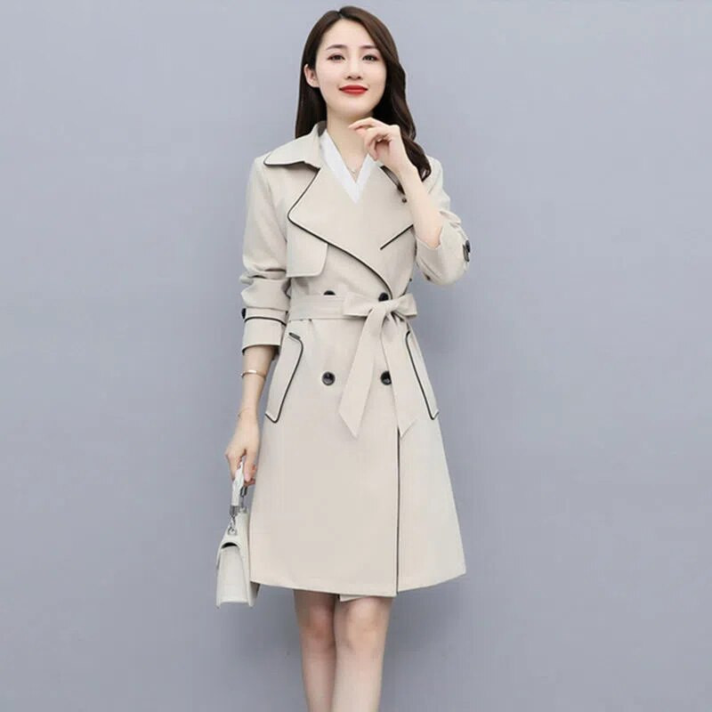 2022. gada modes klasiskā Midi vējjaka biroja sievietēm, šaurs viduklis, mežģīņots ikdienišķs trenšmētelis pavasara rudens slaids dāmu elegants virsdrēbes