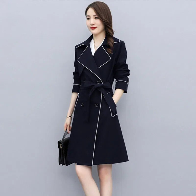 2022. gada modes klasiskā Midi vējjaka biroja sievietēm, šaurs viduklis, mežģīņots ikdienišķs trenšmētelis pavasara rudens slaids dāmu elegants virsdrēbes