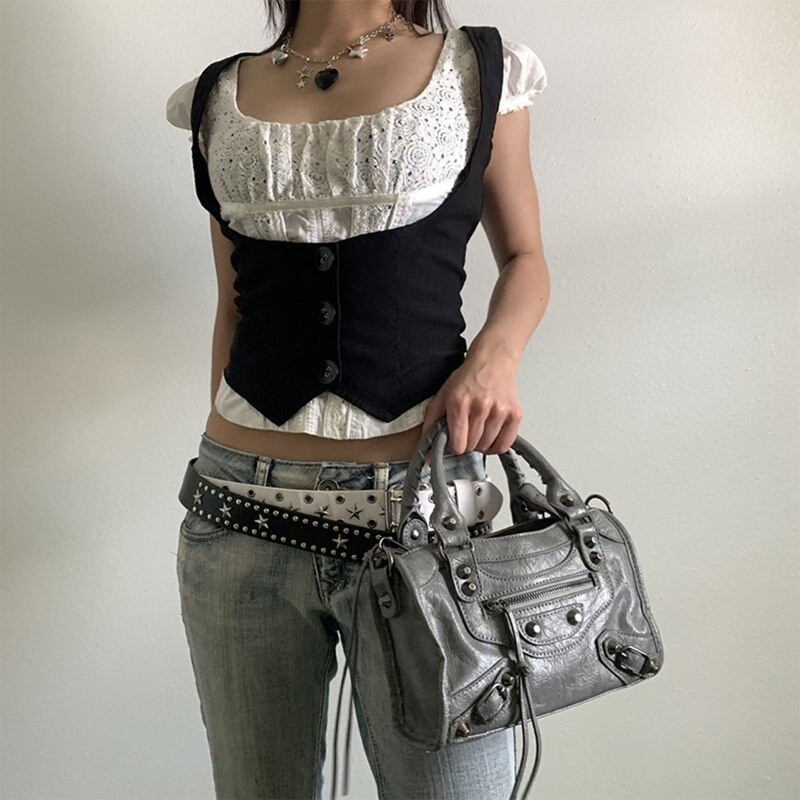 Sieviešu gotiskā vintage veste vienkrāsains melns Racerback mini veste sieviešu steampunk kleita ar 3 pogām šaura jaka Crop Top