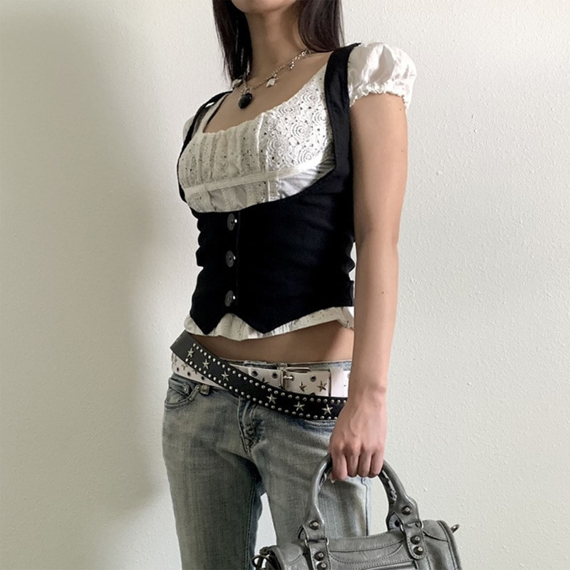 Sieviešu gotiskā vintage veste vienkrāsains melns Racerback mini veste sieviešu steampunk kleita ar 3 pogām šaura jaka Crop Top