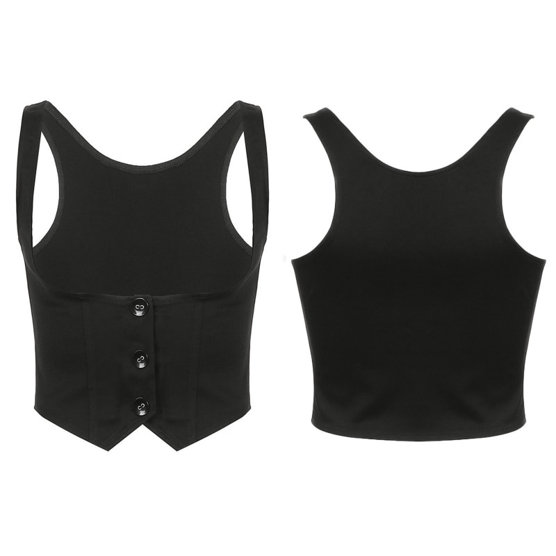 Sieviešu gotiskā vintage veste vienkrāsains melns Racerback mini veste sieviešu steampunk kleita ar 3 pogām šaura jaka Crop Top