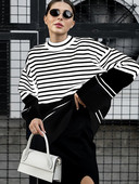 Sieviešu džemperis ar svītrainiem kakla izlikumiem, brīvs, garām piedurknēm, džemperis, sieviešu trikotāžas džemperi