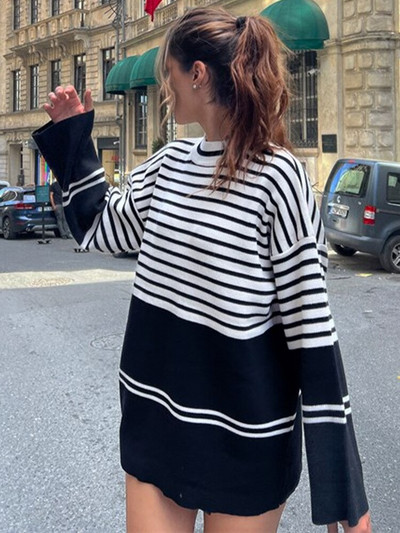 Sieviešu džemperis ar svītrainiem kakla izlikumiem, brīvs, garām piedurknēm, džemperis, sieviešu trikotāžas džemperi