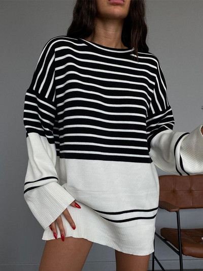 Sieviešu džemperis ar svītrainiem kakla izlikumiem, brīvs, garām piedurknēm, džemperis, sieviešu trikotāžas džemperi