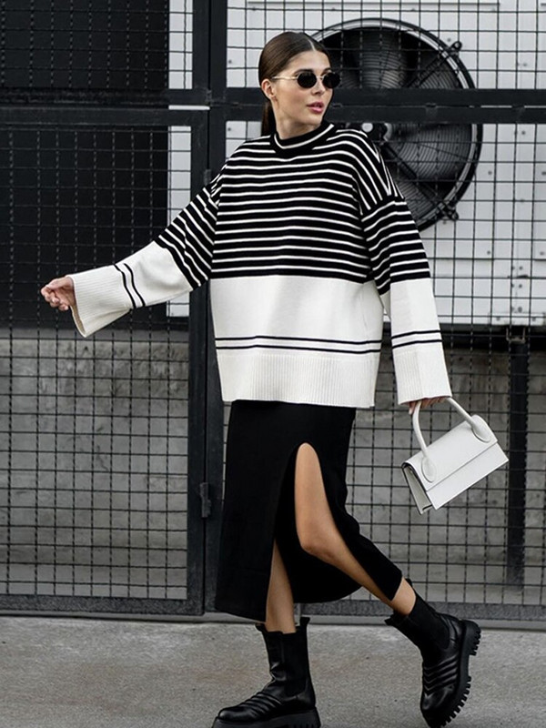 Sieviešu džemperis ar svītrainiem kakla izlikumiem, brīvs, garām piedurknēm, džemperis, sieviešu trikotāžas džemperi