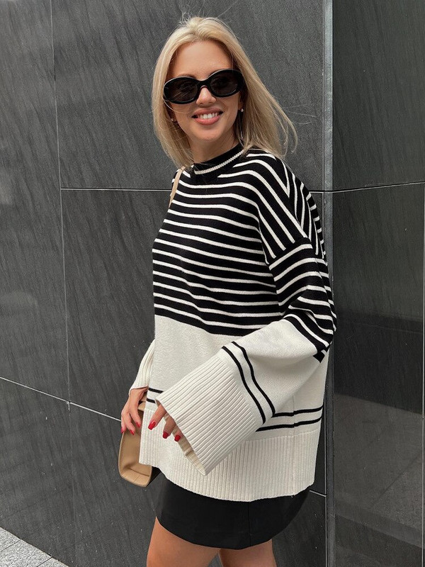 Sieviešu džemperis ar svītrainiem kakla izlikumiem, brīvs, garām piedurknēm, džemperis, sieviešu trikotāžas džemperi