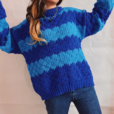 2022. g. sieviešu rudens ziemas svītrains kontrastkrāsu šuvums, ap kaklu, garām piedurknēm, trikotāžas džemperis, džemperis, Y2 k. ikdienas ielas apģērbs