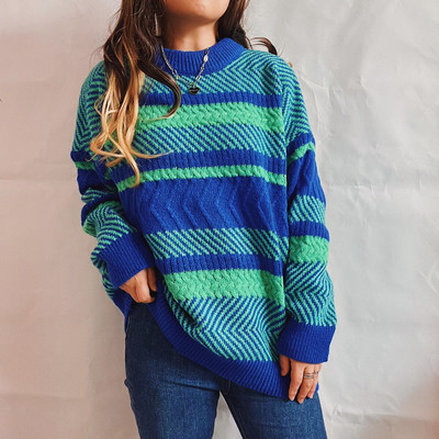 2022. g. sieviešu rudens ziemas svītrains kontrastkrāsu šuvums, ap kaklu, garām piedurknēm, trikotāžas džemperis, džemperis, Y2 k. ikdienas ielas apģērbs