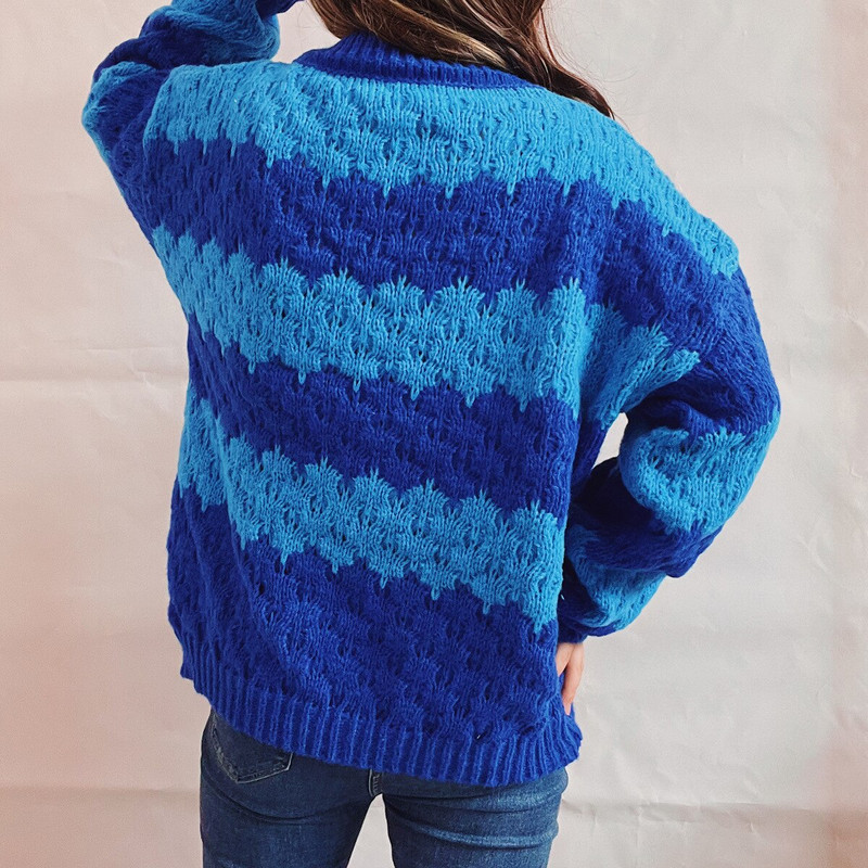 2022. g. sieviešu rudens ziemas svītrains kontrastkrāsu šuvums, ap kaklu, garām piedurknēm, trikotāžas džemperis, džemperis, Y2 k. ikdienas ielas apģērbs