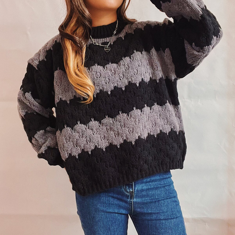 2022. g. sieviešu rudens ziemas svītrains kontrastkrāsu šuvums, ap kaklu, garām piedurknēm, trikotāžas džemperis, džemperis, Y2 k. ikdienas ielas apģērbs