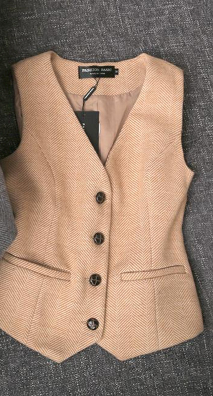 Ženska poslovna majica bez rukava s ribljom kosti od tvida s v-izrezom, starinska uredska službena radna odjeća