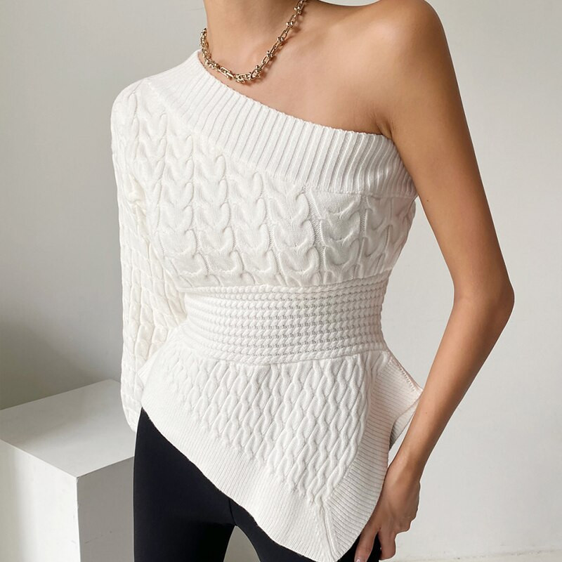 Sieviešu apģērbs Korejiešu balts adīšanas džemperis, neregulārs raibs, garām piedurknēm, ikdienišķs vintage modes somas sieviešu topi rudens