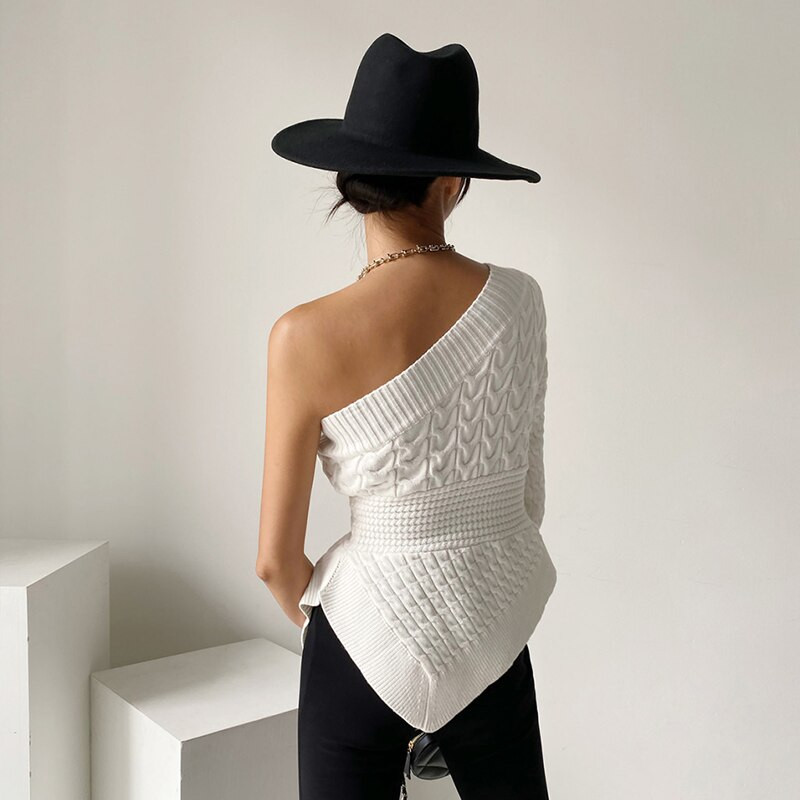 Sieviešu apģērbs Korejiešu balts adīšanas džemperis, neregulārs raibs, garām piedurknēm, ikdienišķs vintage modes somas sieviešu topi rudens