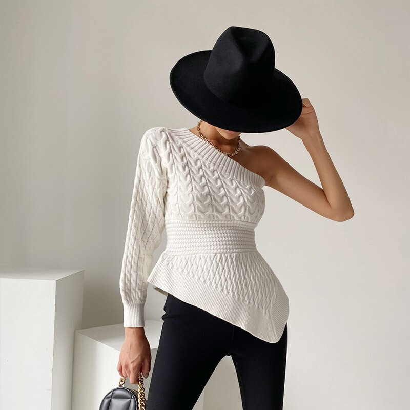 Sieviešu apģērbs Korejiešu balts adīšanas džemperis, neregulārs raibs, garām piedurknēm, ikdienišķs vintage modes somas sieviešu topi rudens
