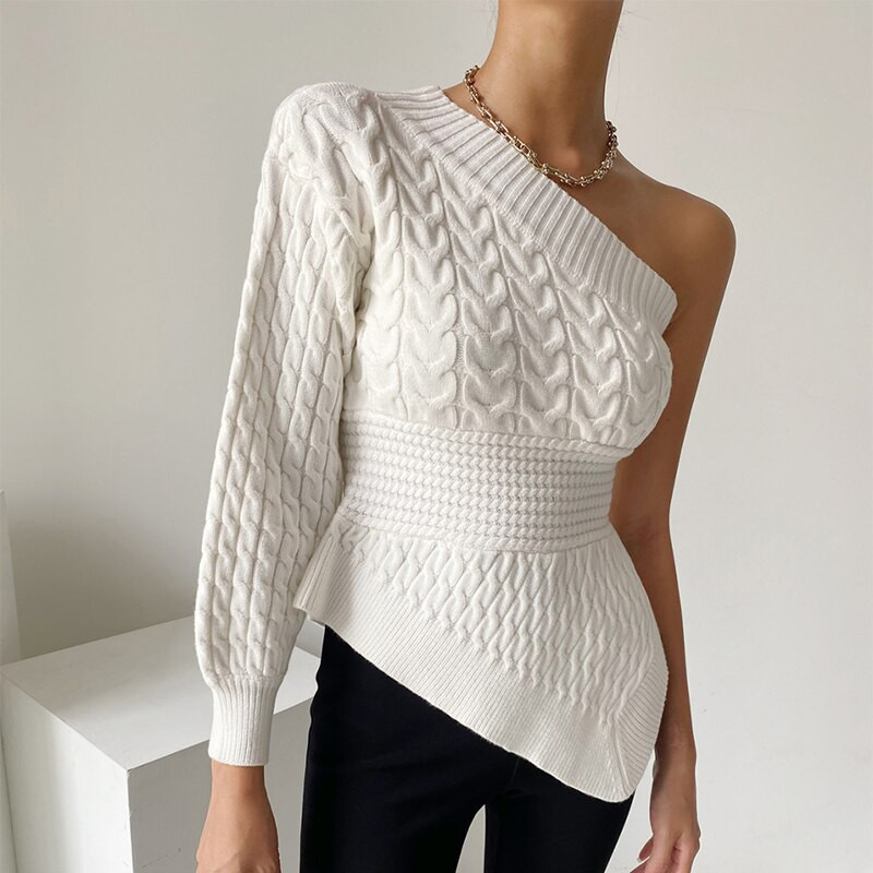 Sieviešu apģērbs Korejiešu balts adīšanas džemperis, neregulārs raibs, garām piedurknēm, ikdienišķs vintage modes somas sieviešu topi rudens