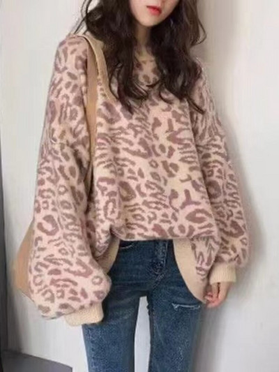 Novi jesenski zimski pleteni pulover s okruglim izrezom Korejska modna ulična haljina, ženska široka podstavljena jakna dugih rukava s leopard printom