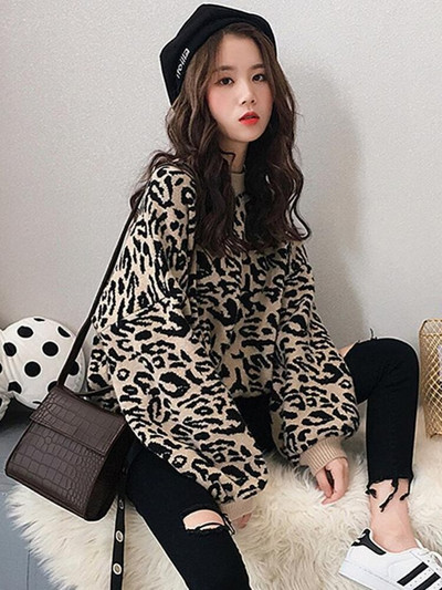 Jauna rudens ziemas apaļa kakla trikotāžas džemperis Korejas modes ielas kleita sieviešu brīva leoparda raksta jaka ar garām piedurknēm polsterēta