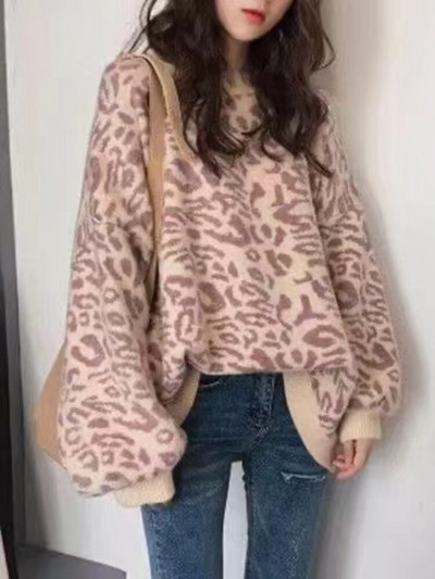 Jauna rudens ziemas apaļa kakla trikotāžas džemperis Korejas modes ielas kleita sieviešu brīva leoparda raksta jaka ar garām piedurknēm polsterēta