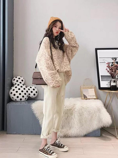 Jauna rudens ziemas apaļa kakla trikotāžas džemperis Korejas modes ielas kleita sieviešu brīva leoparda raksta jaka ar garām piedurknēm polsterēta