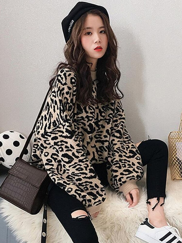 Jauna rudens ziemas apaļa kakla trikotāžas džemperis Korejas modes ielas kleita sieviešu brīva leoparda raksta jaka ar garām piedurknēm polsterēta