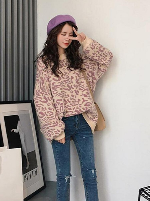 Jauna rudens ziemas apaļa kakla trikotāžas džemperis Korejas modes ielas kleita sieviešu brīva leoparda raksta jaka ar garām piedurknēm polsterēta