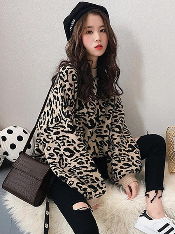 Jauna rudens ziemas apaļa kakla trikotāžas džemperis Korejas modes ielas kleita sieviešu brīva leoparda raksta jaka ar garām piedurknēm polsterēta
