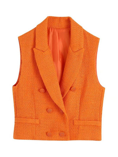 KPYTOMOA Ženska modna prednja dugmad Skraćeni prsluk od tvida Vintage ovratnik na rever Ženska gornja odjeća bez rukava Chic Topovi