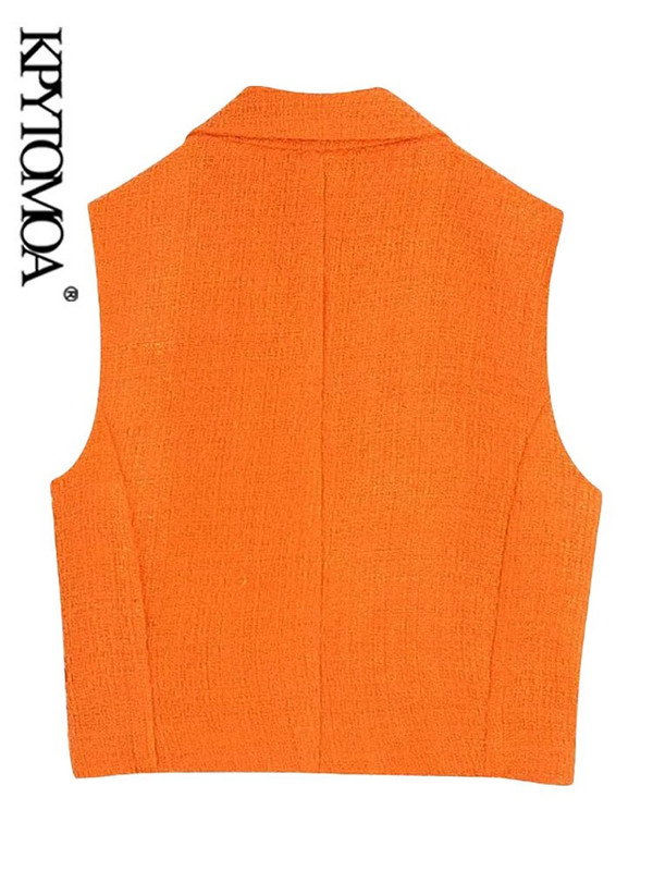 KPYTOMOA Ženska modna prednja dugmad Skraćeni prsluk od tvida Vintage ovratnik na rever Ženska gornja odjeća bez rukava Chic Topovi