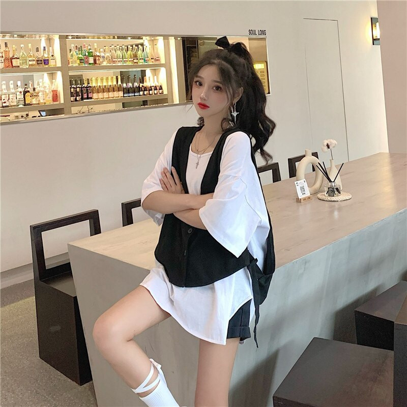 Ženski prsluci s V-izrezom, jednoredno kopčanje, dizajn na vezanje, Harajuku ulična odjeća, široki crni prsluci, studentski Ulzzang, retro