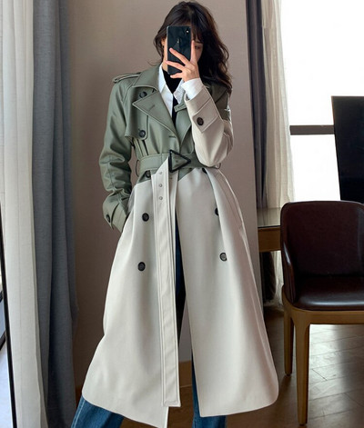 Sieviešu vējjaka zaļa āda pavasara rudens atloks Sieviešu vēja necaurlaidīgs Divrindu garais, brīvs Trench mētelis Patchwork Virsdrēbes