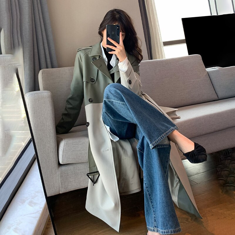 Sieviešu vējjaka zaļa āda pavasara rudens atloks Sieviešu vēja necaurlaidīgs Divrindu garais, brīvs Trench mētelis Patchwork Virsdrēbes