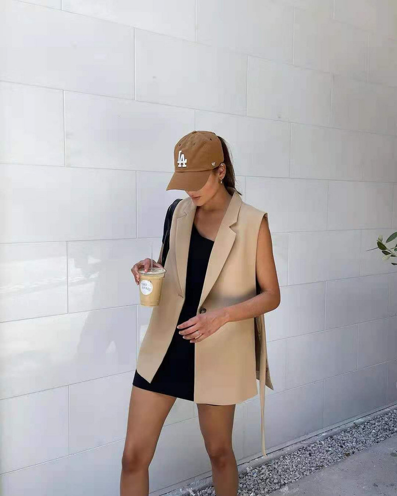 Sieviešu veste ar vienu pogu, xikom 2021. gada vasara, sieviešu gadījuma rakstura haki, sānu griezums, V kakla veste, sieviešu elegants tops