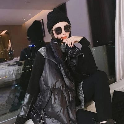 2022 Φθινόπωρο Χειμώνας πουπουλένιο βαμβακερό γιλέκο Γυναικείο γιλέκο με όρθιο γιακά με αγκράφα με φερμουάρ Κορδέλα μαύρο αμάνικο γιλέκο