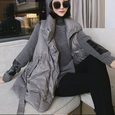 2022 Φθινόπωρο Χειμώνας πουπουλένιο βαμβακερό γιλέκο Γυναικείο γιλέκο με όρθιο γιακά με αγκράφα με φερμουάρ Κορδέλα μαύρο αμάνικο γιλέκο