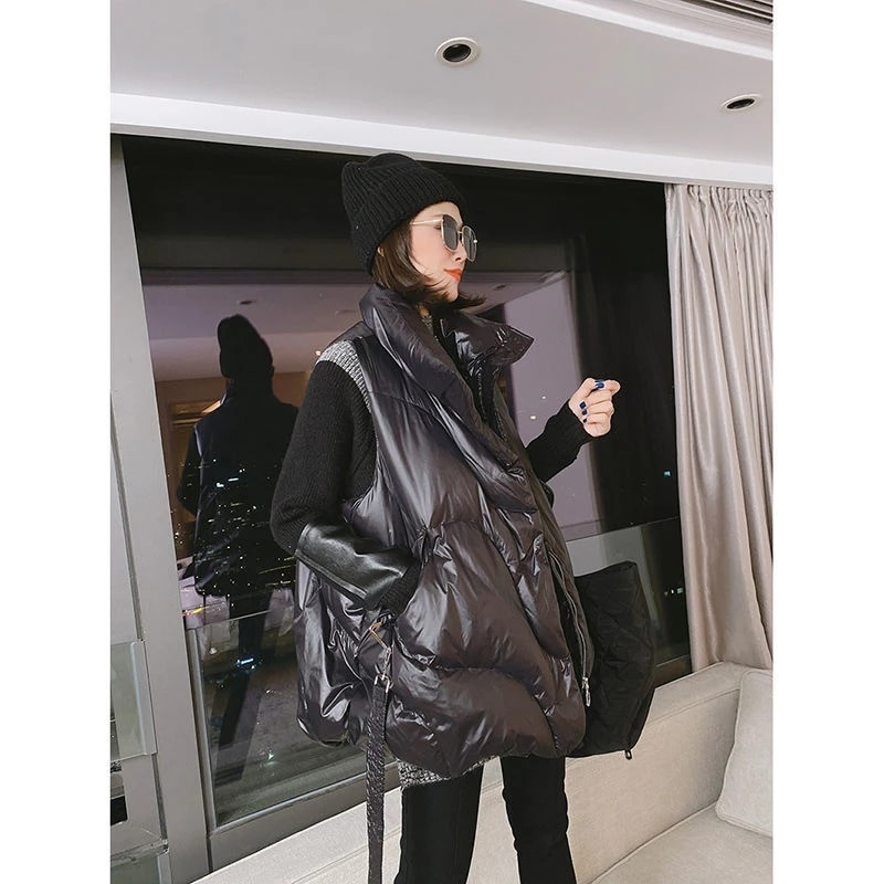 2022 Φθινόπωρο Χειμώνας πουπουλένιο βαμβακερό γιλέκο Γυναικείο γιλέκο με όρθιο γιακά με αγκράφα με φερμουάρ Κορδέλα μαύρο αμάνικο γιλέκο