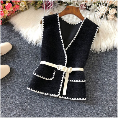 Vintage μάλλινο γιλέκο πουλόβερ Γυναικείο μπουφάν Ανοιξιάτικο κομψό αμάνικο γιλέκο με λαιμόκοψη σε σχήμα V Κορεάτικο στυλ casual με κομψά ρούχα