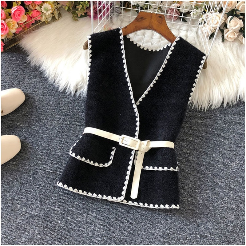 Vintage μάλλινο γιλέκο πουλόβερ Γυναικείο μπουφάν Ανοιξιάτικο κομψό αμάνικο γιλέκο με λαιμόκοψη σε σχήμα V Κορεάτικο στυλ casual με κομψά ρούχα