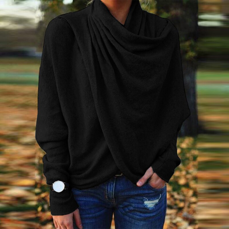 Női Vintage tömör hosszú ujjú szabálytalan redős ing Őszi alkalmi hosszú ujjú pulóver felsők Női új divatos ingázási ing