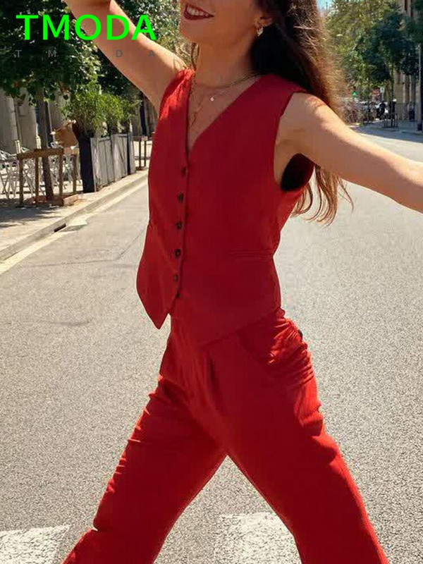 T MODA 2022 sieviešu elegants ielas apģērbs bez piedurknēm, īss uzvalks, sieviešu veste ar plānu V veida kakla izgriezumu, vienrindas žakete