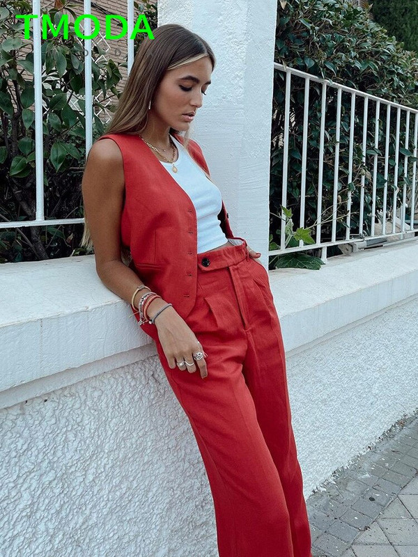 T MODA 2022 sieviešu elegants ielas apģērbs bez piedurknēm, īss uzvalks, sieviešu veste ar plānu V veida kakla izgriezumu, vienrindas žakete