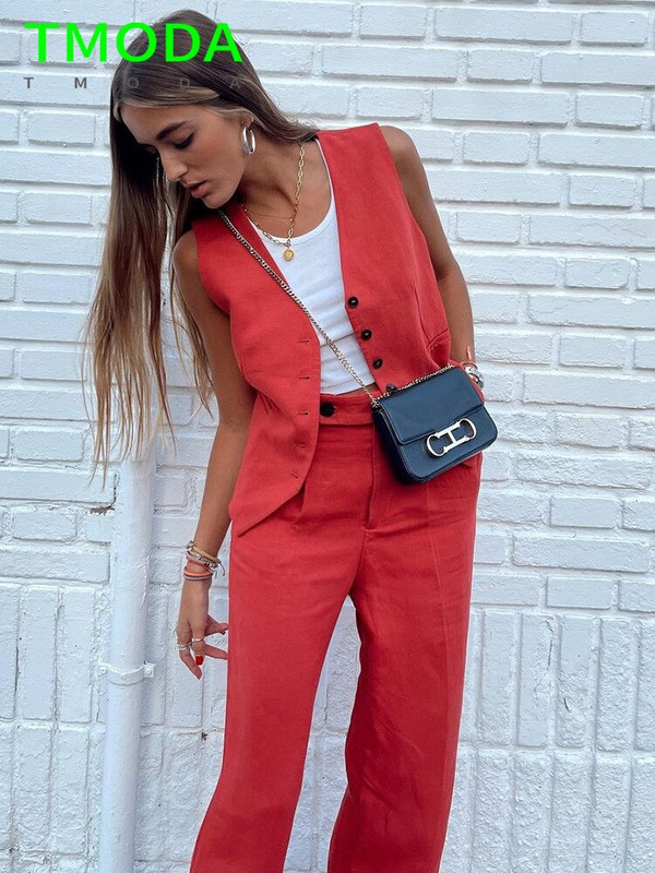 T MODA 2022 sieviešu elegants ielas apģērbs bez piedurknēm, īss uzvalks, sieviešu veste ar plānu V veida kakla izgriezumu, vienrindas žakete