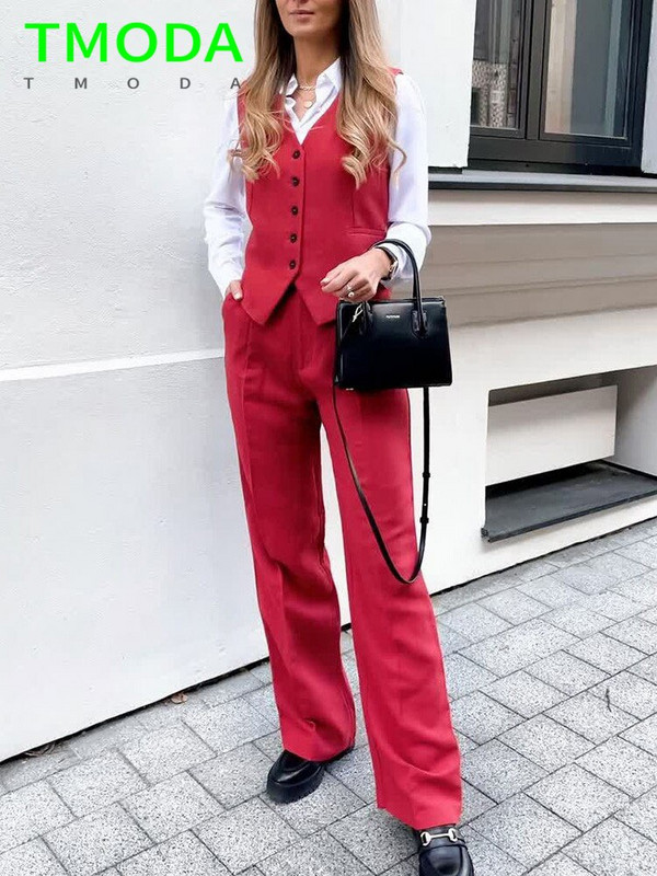 T MODA 2022 sieviešu elegants ielas apģērbs bez piedurknēm, īss uzvalks, sieviešu veste ar plānu V veida kakla izgriezumu, vienrindas žakete