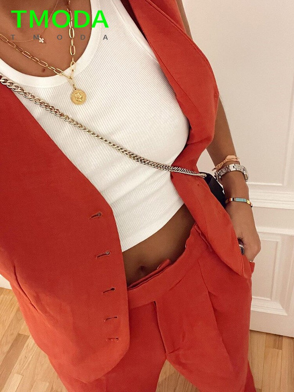 T MODA 2022 sieviešu elegants ielas apģērbs bez piedurknēm, īss uzvalks, sieviešu veste ar plānu V veida kakla izgriezumu, vienrindas žakete