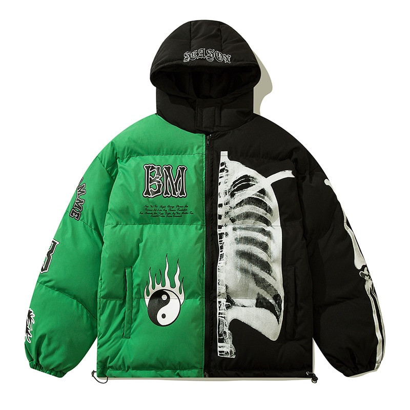 Vīriešu ziemas parka jaka ar kapuci Yin Yang Skeleton Print Streetwear Lielizmēra mētelis Harajuku Brīvs Biezs Silts Virsdrēbes Unisex 2021