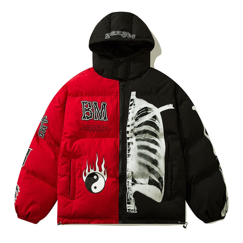 Vīriešu ziemas parka jaka ar kapuci Yin Yang Skeleton Print Streetwear Lielizmēra mētelis Harajuku Brīvs Biezs Silts Virsdrēbes Unisex 2021