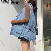 Šiks, elastīgas vērtnes Sieviešu džinsa veste, brīva, liela kabata, liela izmēra zila bezpiedurkņu jaka Jean Veste Sans Manche Femme