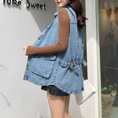 Šiks, elastīgas vērtnes Sieviešu džinsa veste, brīva, liela kabata, liela izmēra zila bezpiedurkņu jaka Jean Veste Sans Manche Femme