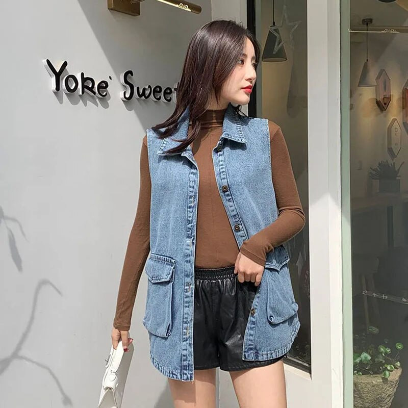 Šiks, elastīgas vērtnes Sieviešu džinsa veste, brīva, liela kabata, liela izmēra zila bezpiedurkņu jaka Jean Veste Sans Manche Femme