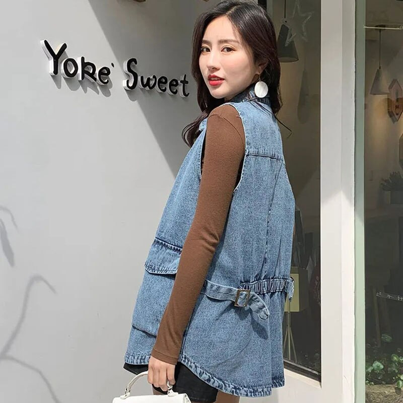 Šiks, elastīgas vērtnes Sieviešu džinsa veste, brīva, liela kabata, liela izmēra zila bezpiedurkņu jaka Jean Veste Sans Manche Femme